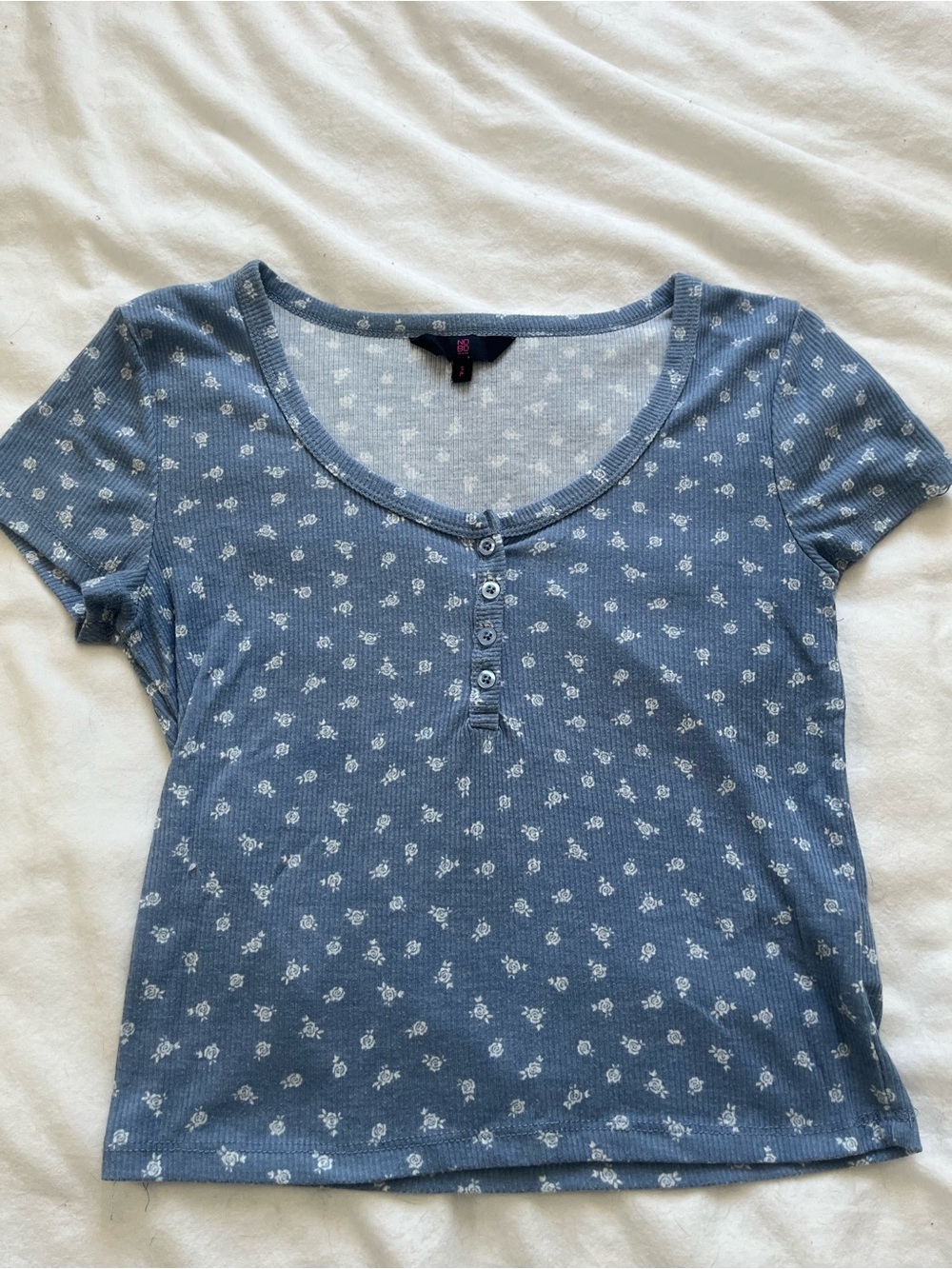 Blue Floral Ribbed Henley Tee